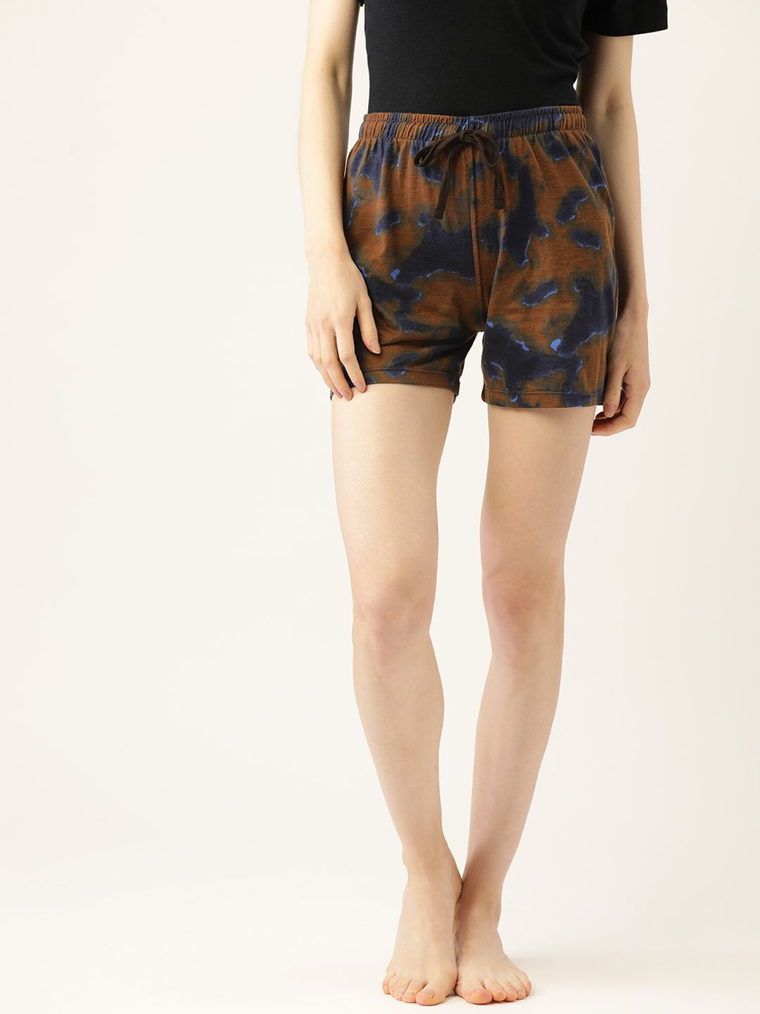 Leading Lady Women Brown & Navy Blue Dyed Cotton Lounge Shorts Price in India