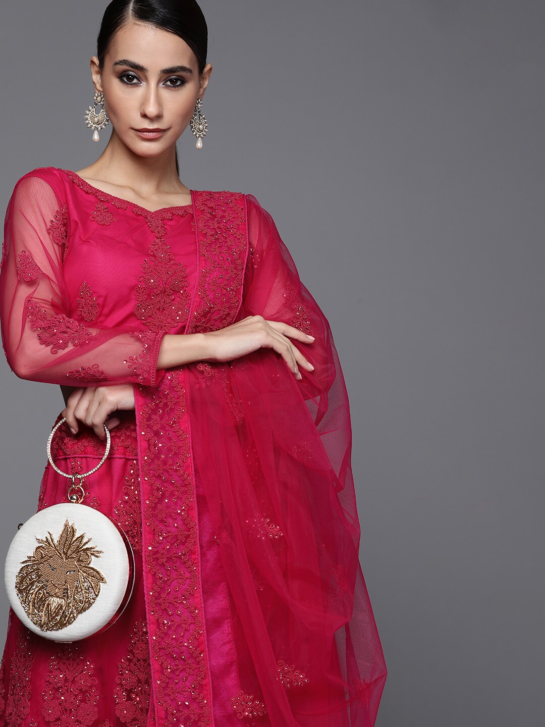 Inddus Women Magenta Embellished Semi-Stitched Lehenga & Unstitched Blouse With Dupatta Price in India