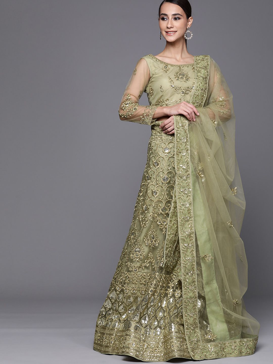 Inddus Olive Green Embroidered Beads and Stones Semi-Stitched Lehenga & Unstitched Blouse With Dupatta Price in India