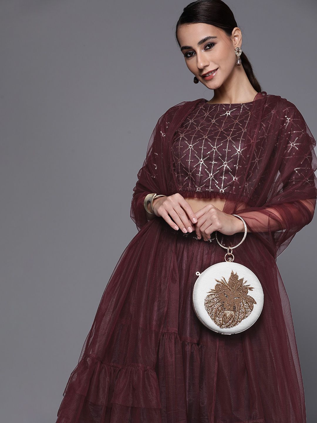 Inddus Women Wine-Coloured Embellished Unstitched Lehenga & Blouse With Dupatta Price in India