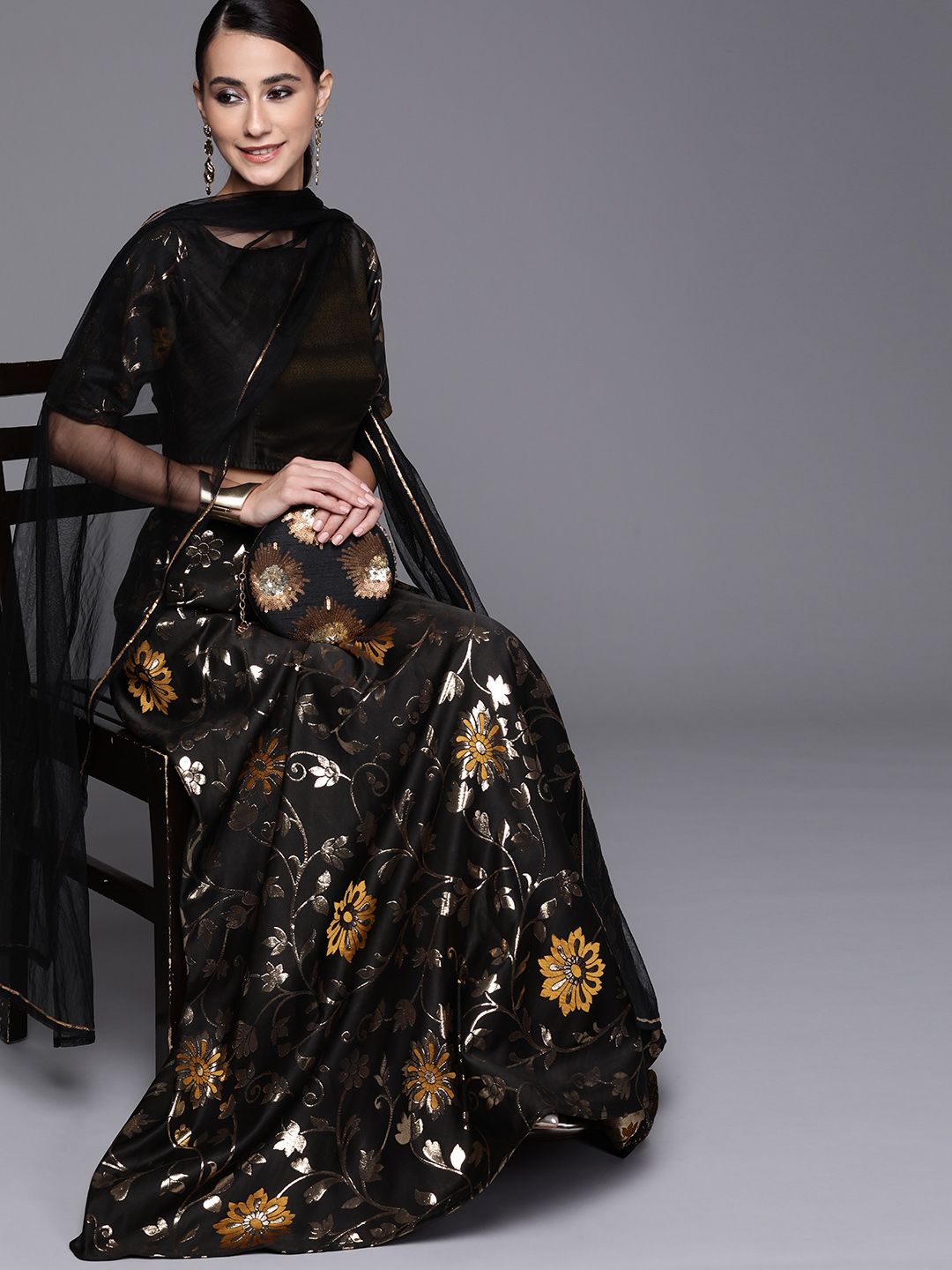 Inddus Black & Gold-Toned Semi-Stitched Lehenga & Unstitched Blouse With Dupatta Price in India