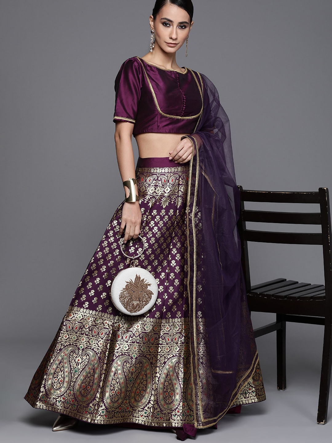 Inddus Women Purple & Golden Print Semi-Stitched Lehenga & Unstitched Blouse With Dupatta Price in India