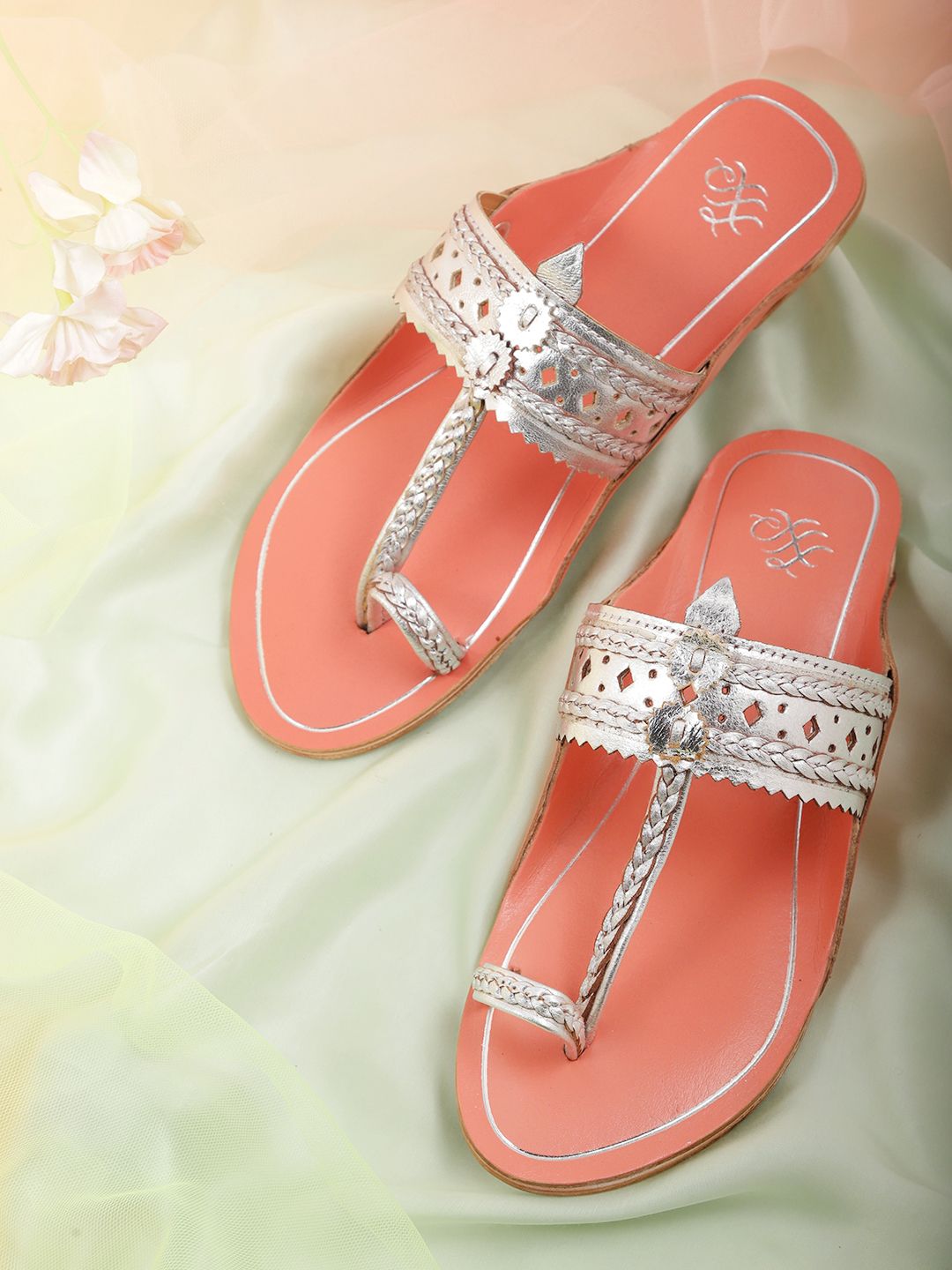 House of Pataudi Women Silver-Toned Woven Design Handcrafted One Toe Flats with Pouch Price in India