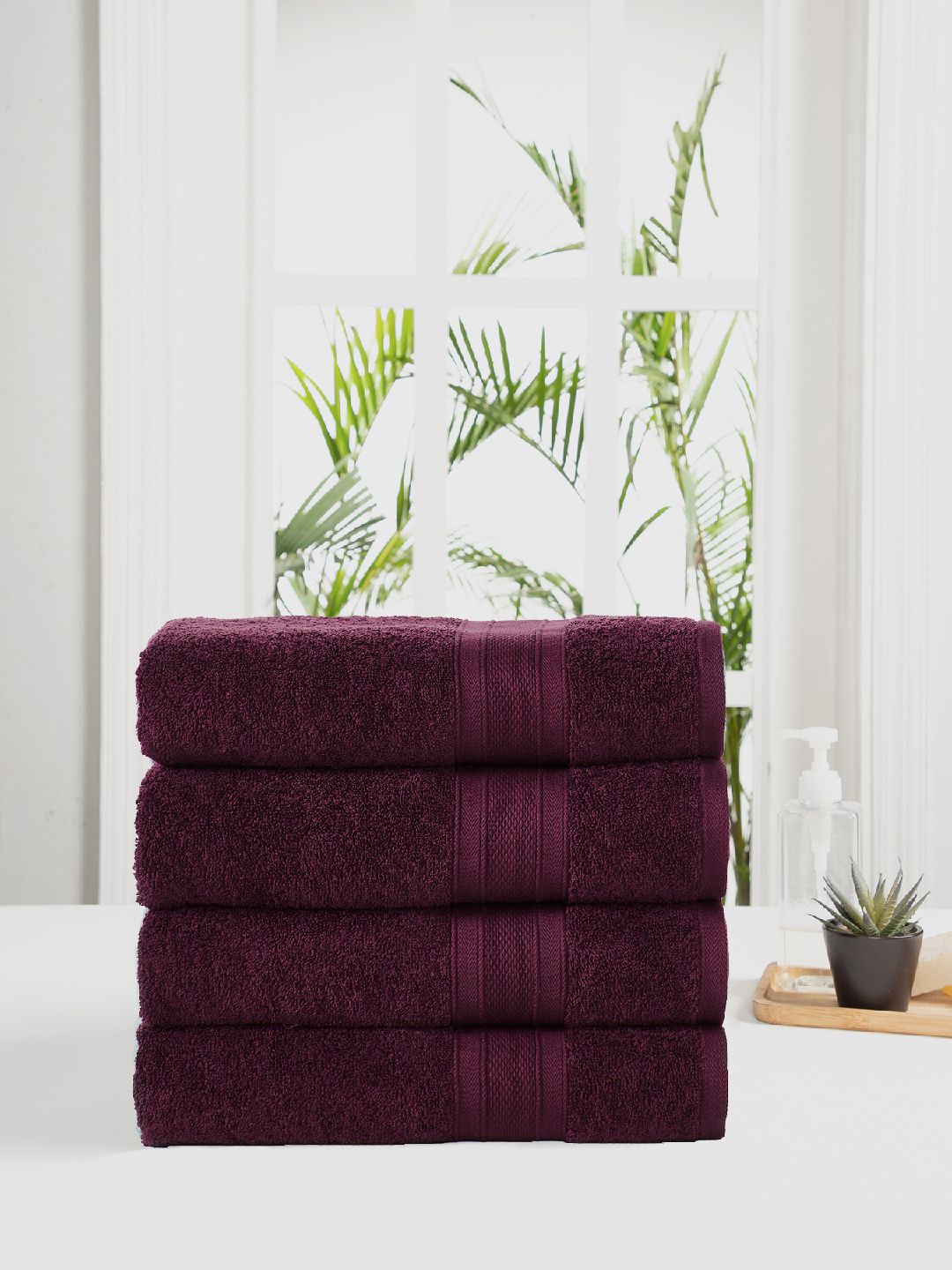 Trident Set of 4 Burgundy 500 GSM Striped Cotton Bath Towels Price in India