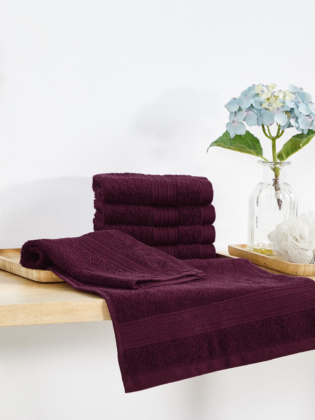 Trident Burgundy Set of 6 Solid Cotton 500 GSM Face Towels Price in India