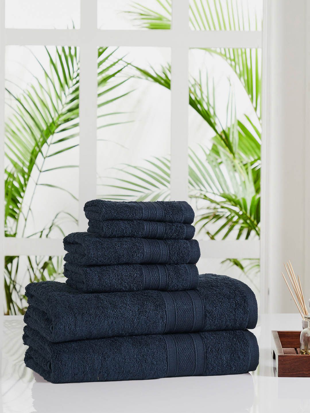 Trident Set Of 6 Navy Blue Solid 500 GSM Soft & Plush Pure Cotton Towels Price in India