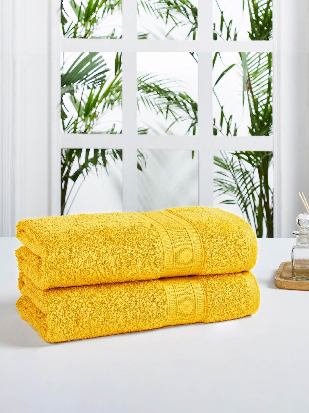 Trident Set of 2 Mustard Yellow 500 GSM Striped Pure Cotton Bath Towels Price in India