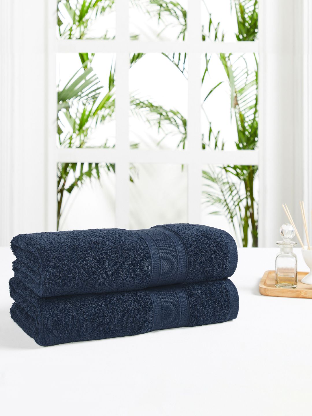 Trident Set of 2 Navy Blue White 500 GSM Striped Cotton Bath Towels Price in India