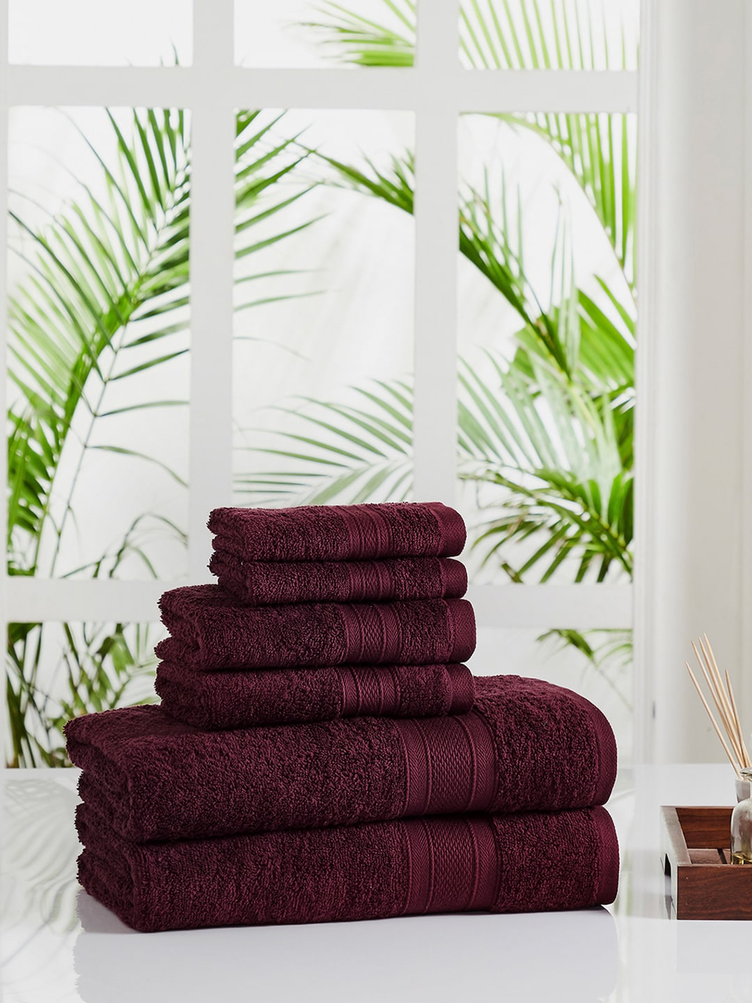 Trident Set Of 6 Burgundy-Coloured Solid Pure Cotton 500 GSM Towels Price in India