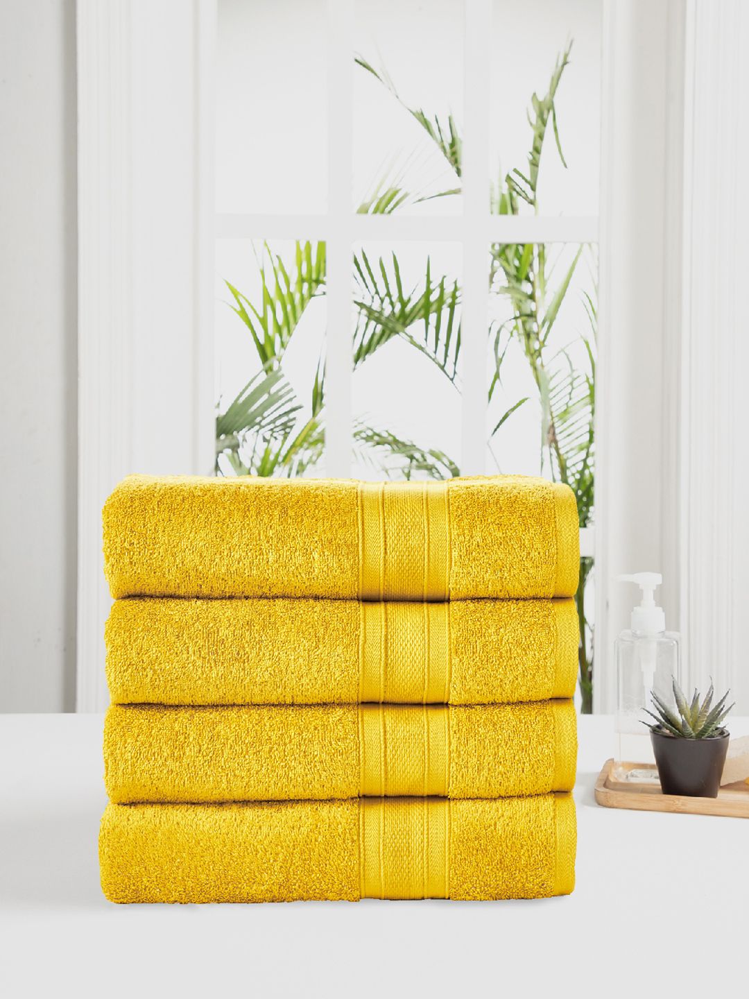 Trident Set of 4 Mustard Yellow 500 GSM Striped Cotton Bath Towels Price in India