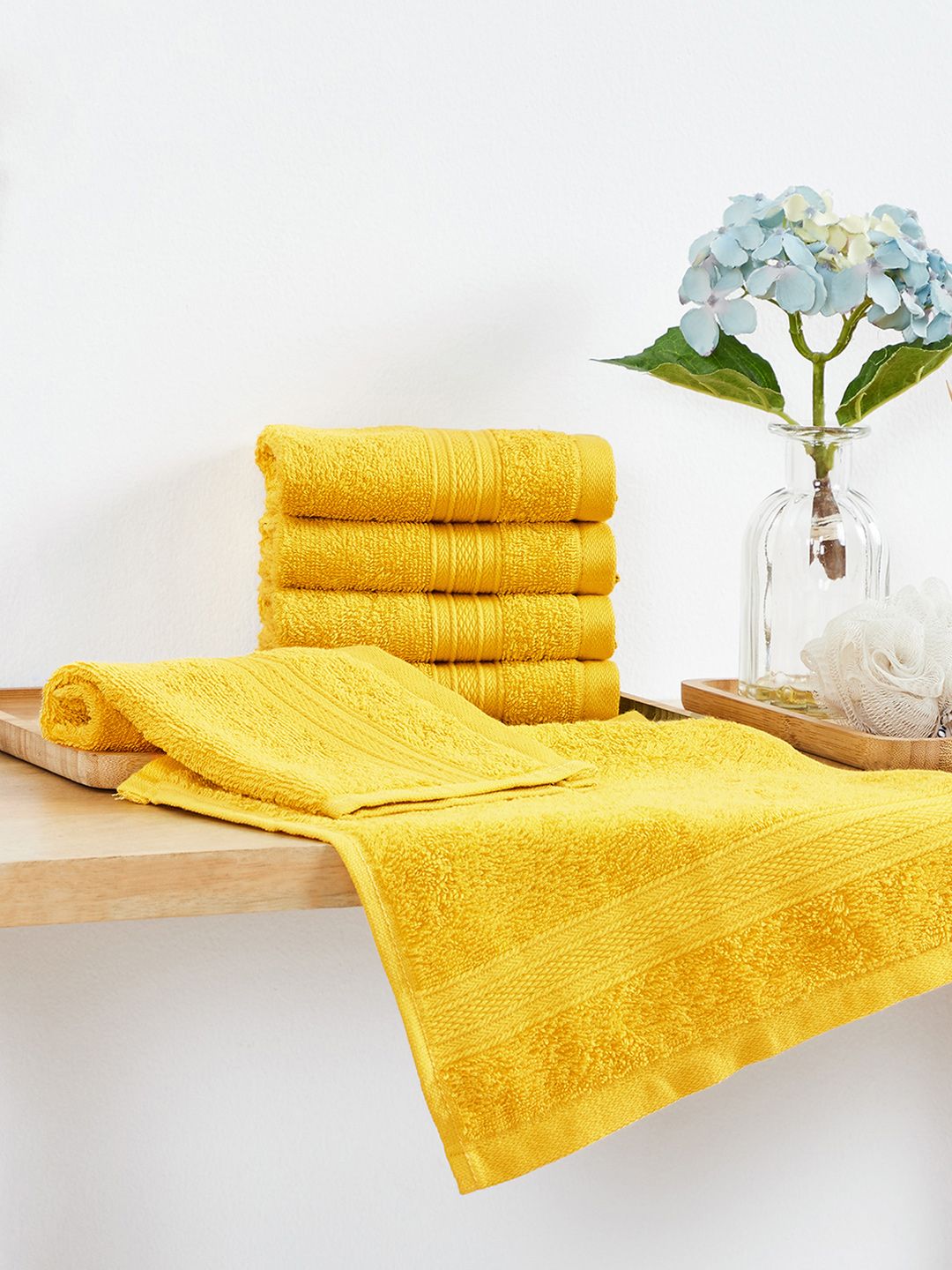 Trident Yellow Set of 6 Solid Cotton 500 GSM Face Towels Price in India