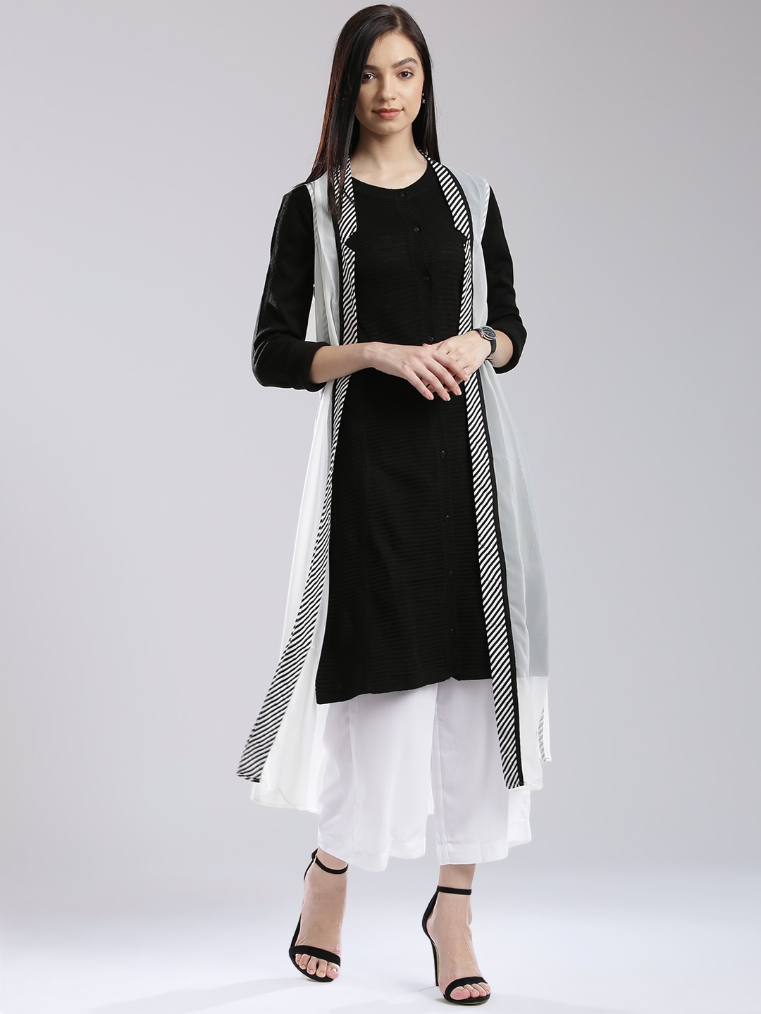 W White Polyester Striped Detail Sheer Longline Shrug Price in India