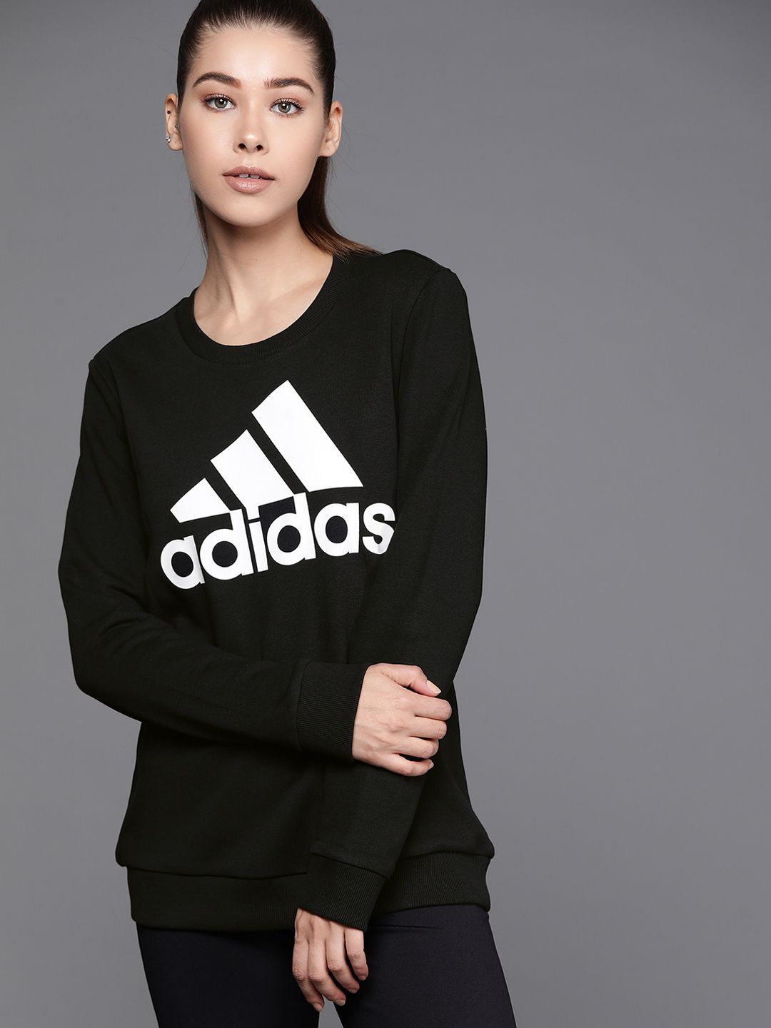 ADIDAS Women Black Brand Logo Print Sweatshirt Price in India