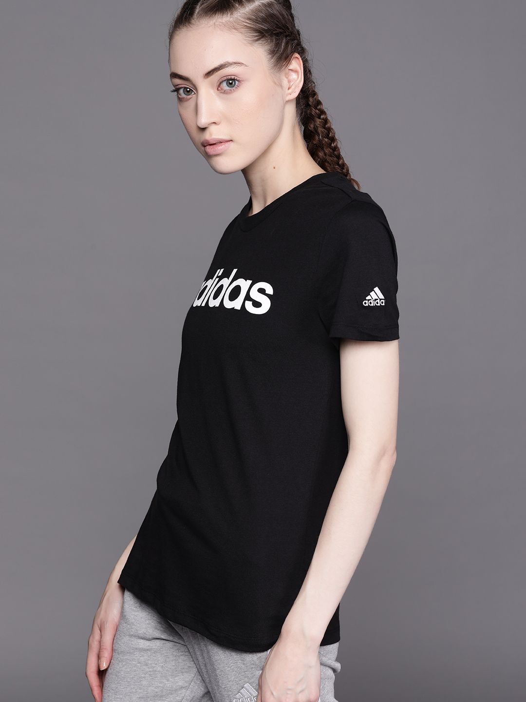 ADIDAS Women Black  White Brand Logo Printed Cotton Loungewear Essentials Slim Pure Cotton Sustainable T-shirt Price in India