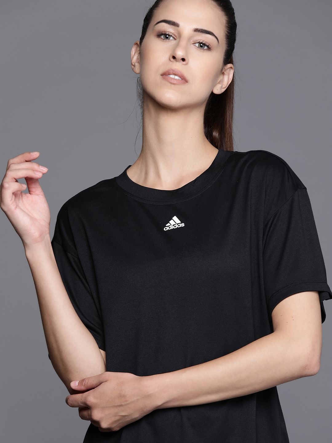 ADIDAS Women Black Training 3-Stripes Solid T-shirt Price in India