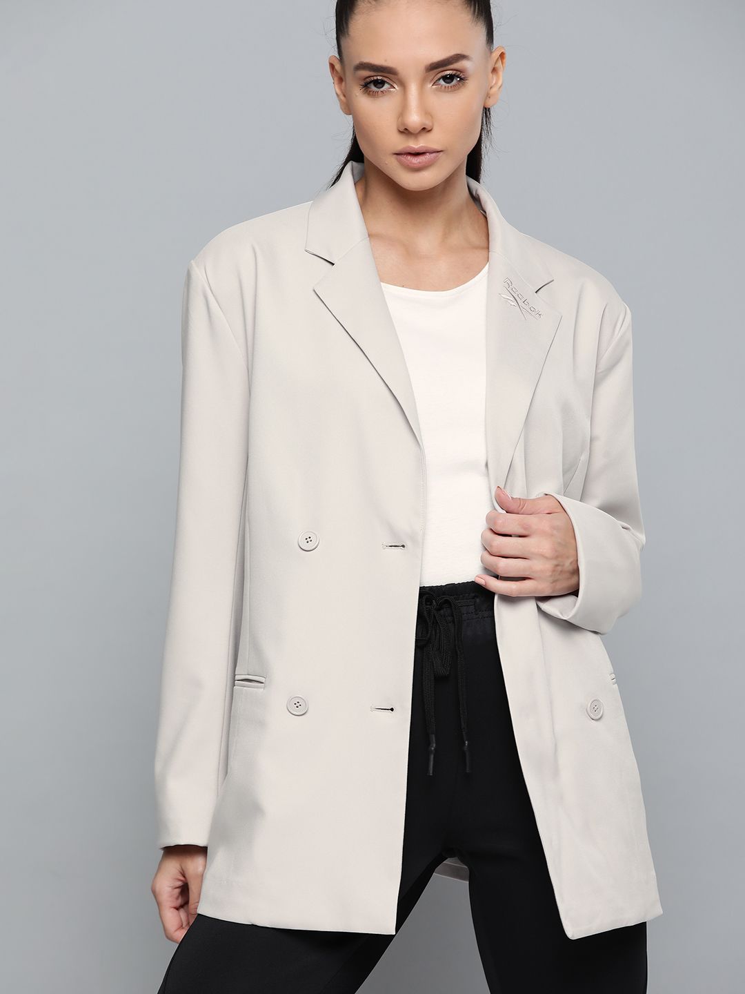Reebok Classic Women Light Grey Double-Breasted Oversized Fit Solid Blazer Price in India