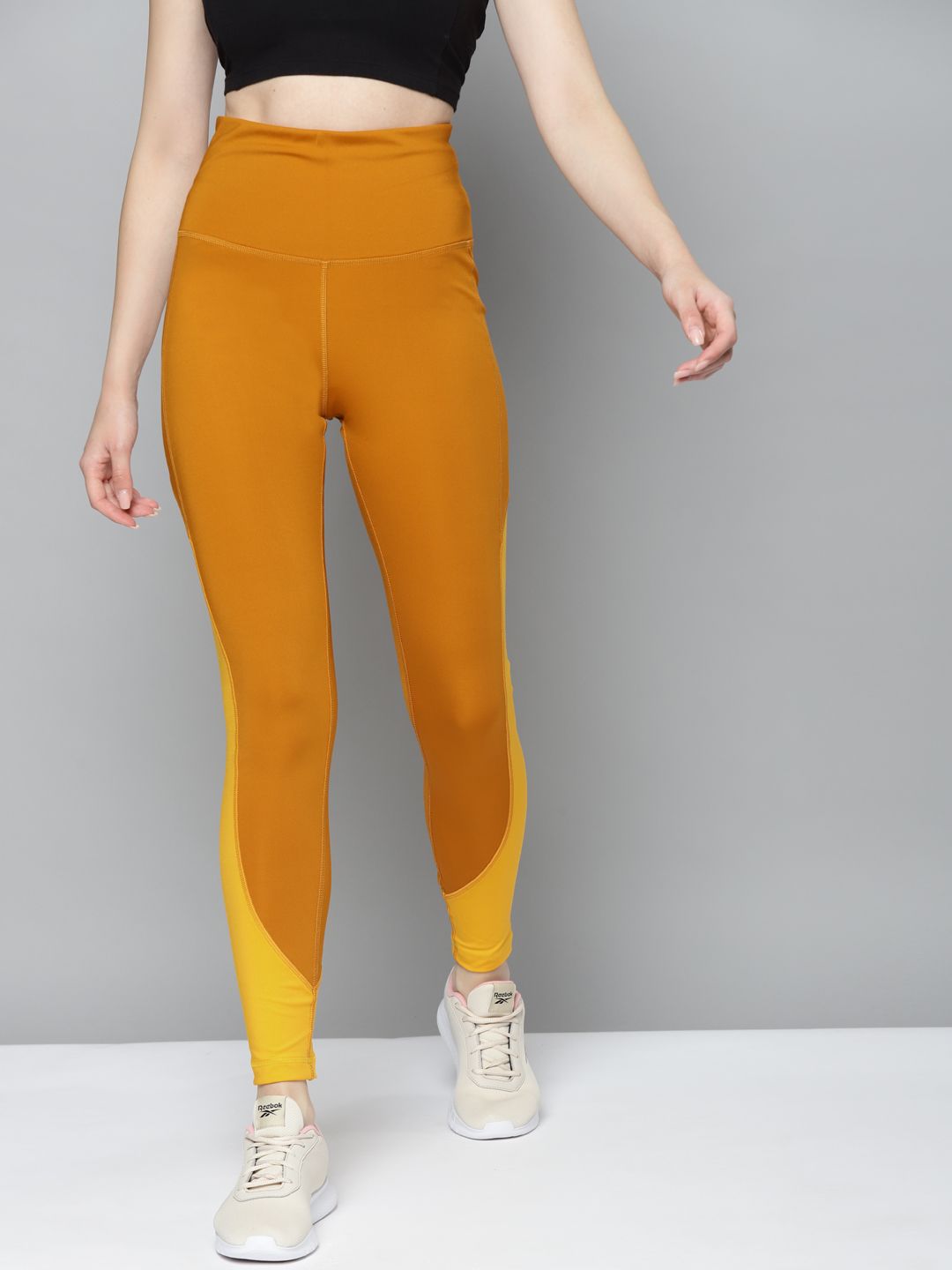 Reebok Women Mustard Yellow Colourblocked High Waist Tights Price in India