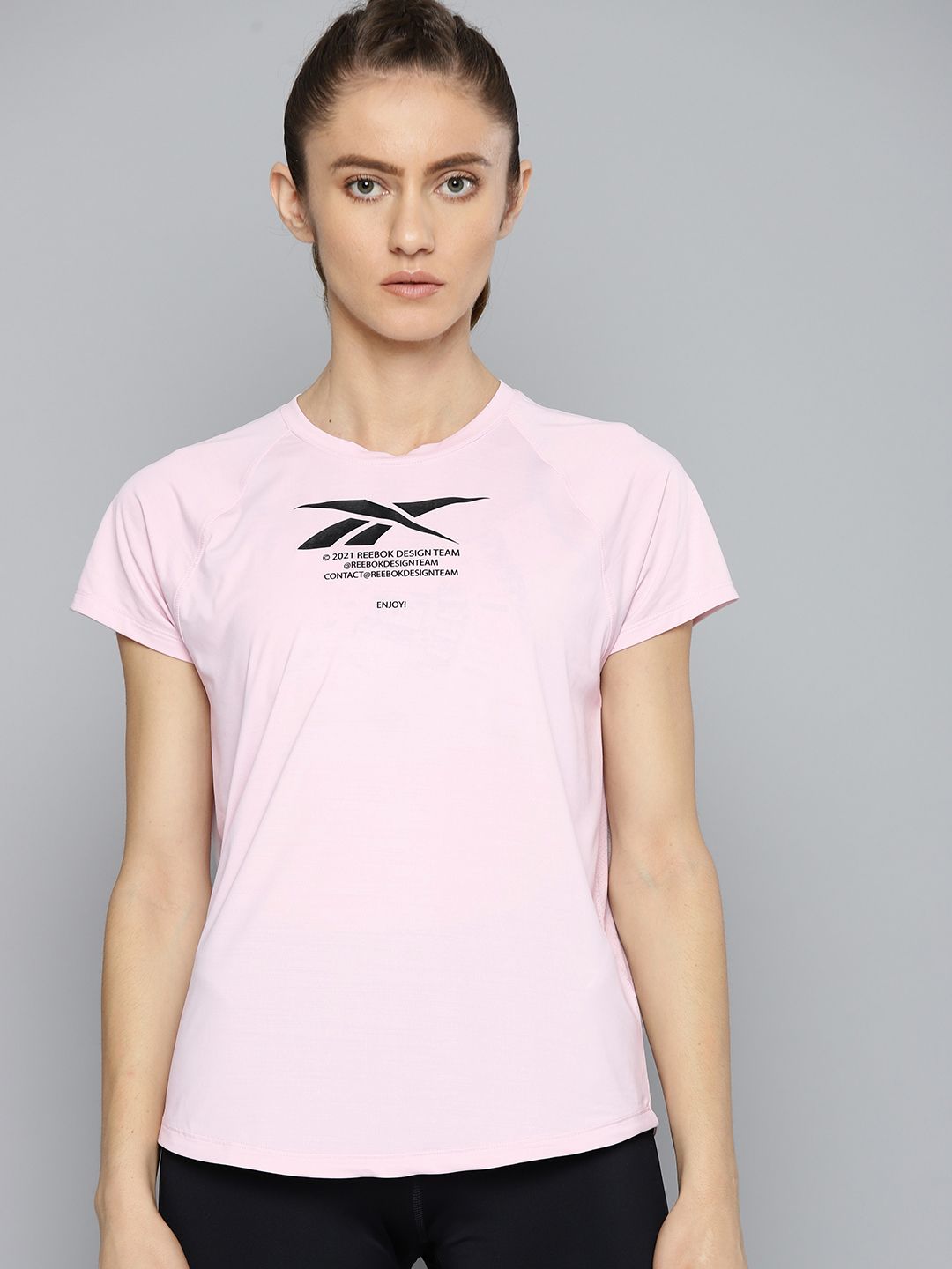 Reebok Women Pink & Black Activchill Brand Logo Printed Training T-shirt Price in India