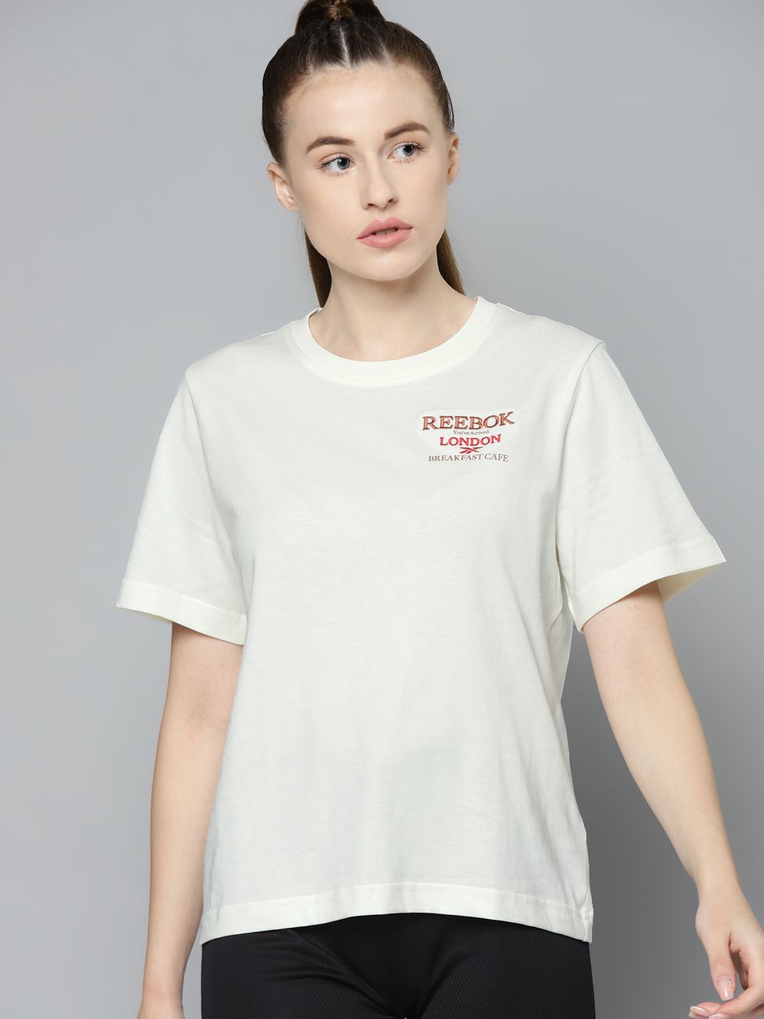 Reebok Classic Women Off-White BR London Pure Cotton T-shirt Price in India