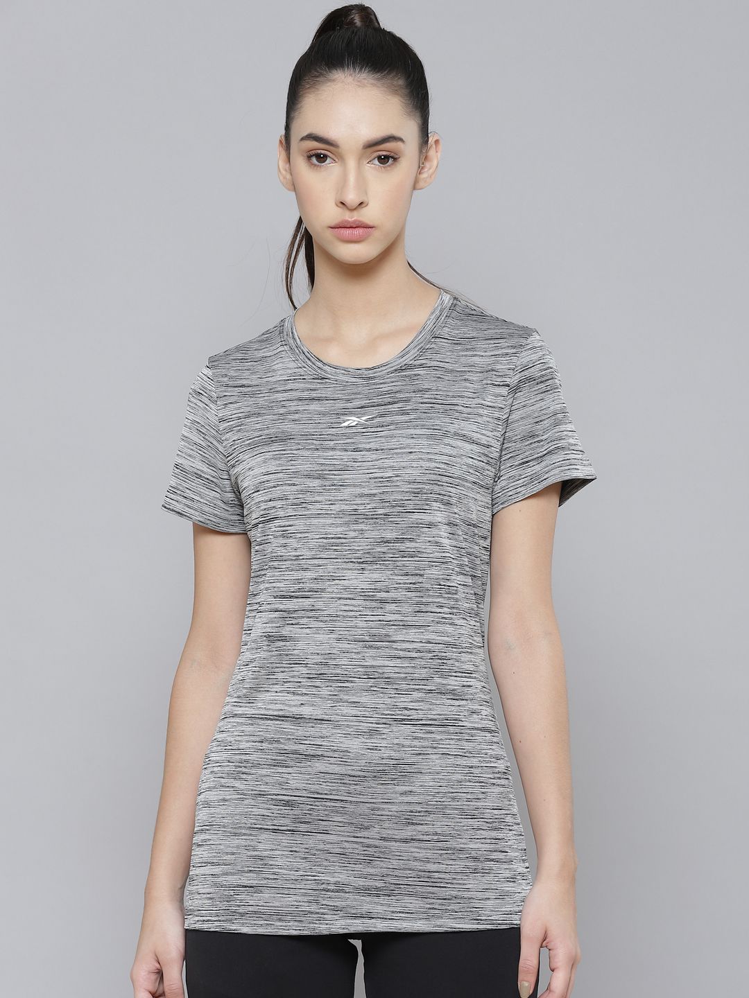 Reebok Women Grey & Black CT Slim Fit Training T-shirt Price in India