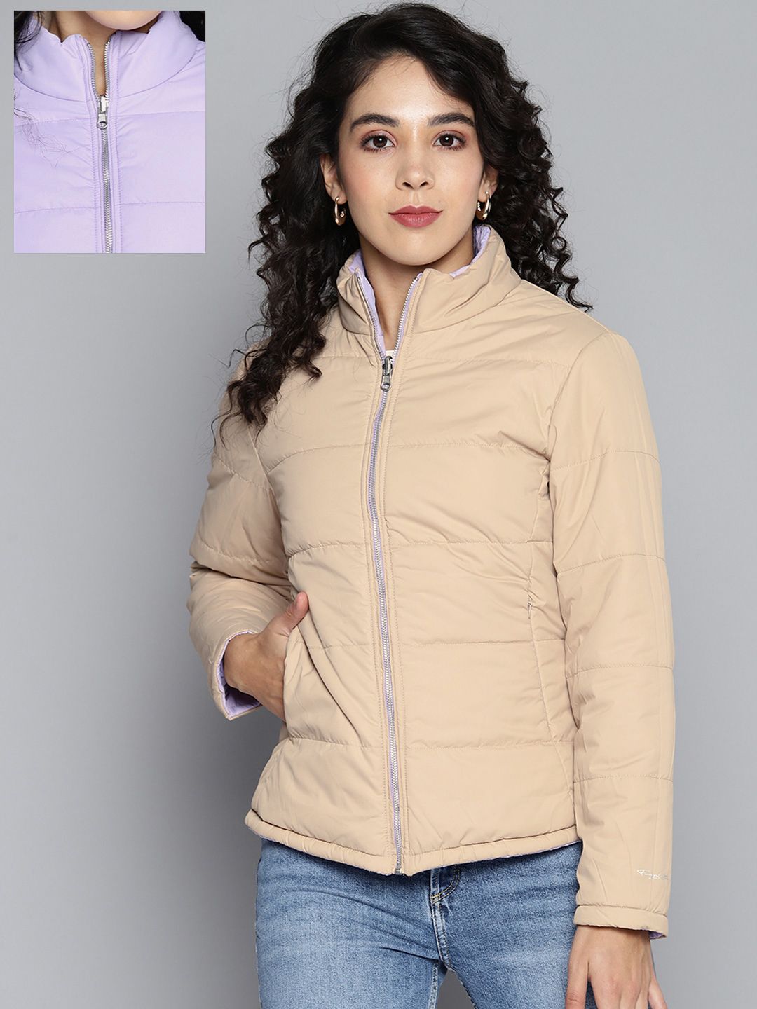 Foreign Culture By Fort Collins Women Beige & Lavender Reversible Padded  Jacket Price in India