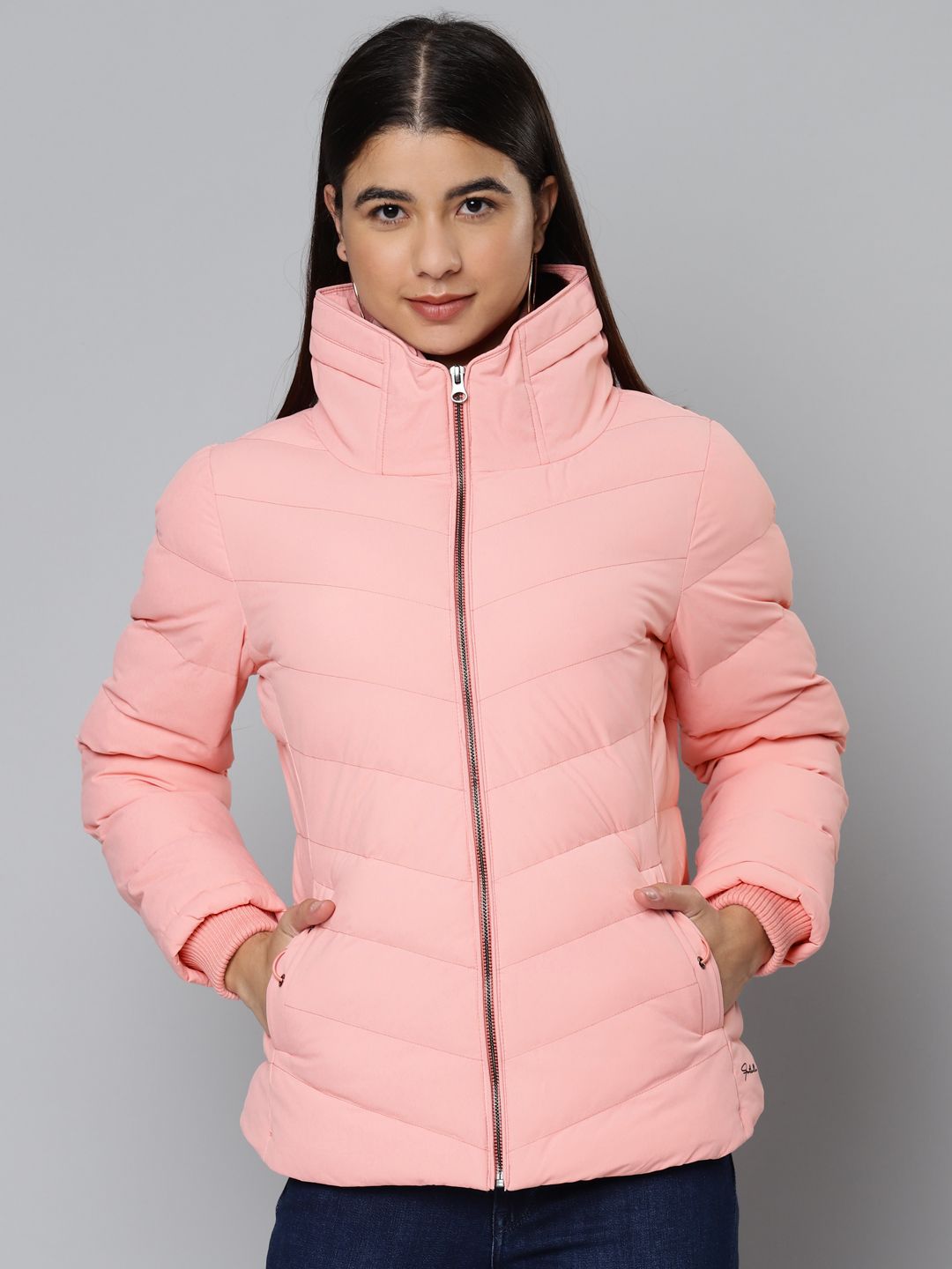 Fort Collins Women Peach-Coloured Solid Padded Jacket Price in India