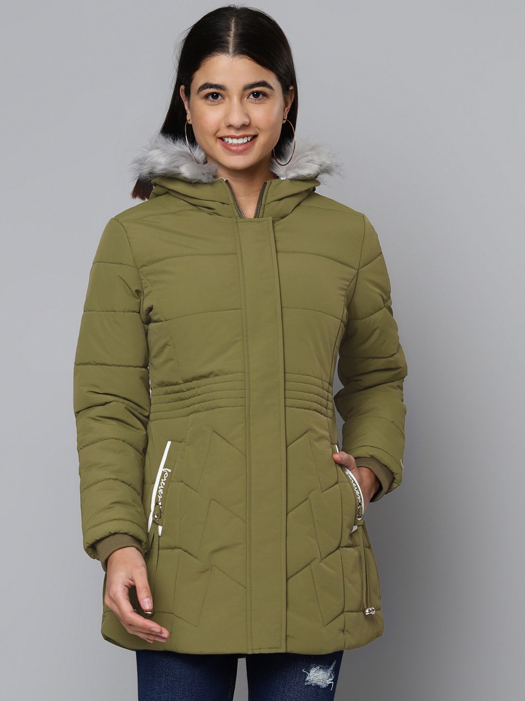 Fort Collins Women Olive Green Solid Longline Parka Jacket Price in India