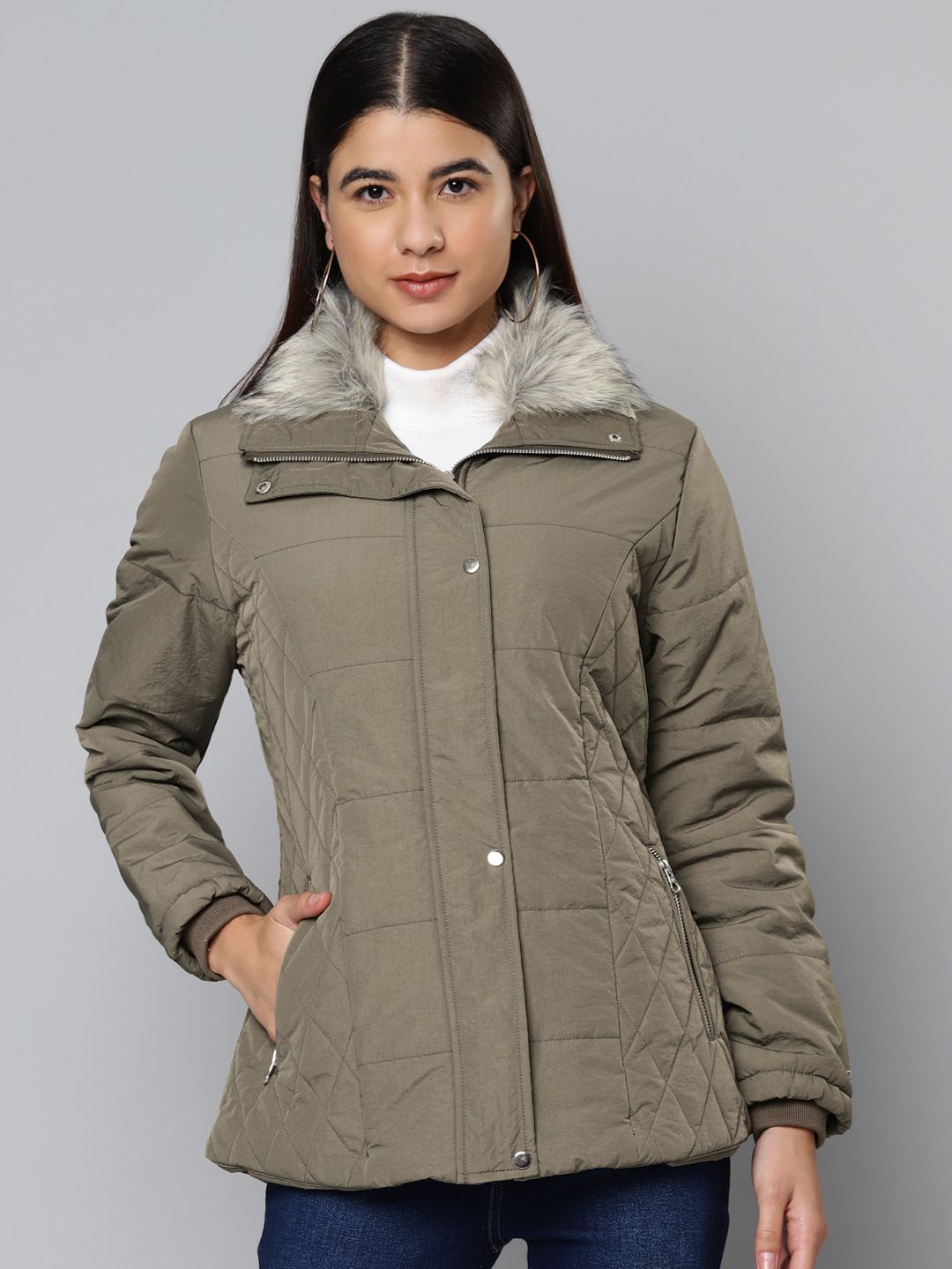 Fort Collins Women Olive Green Solid Padded  Jacket with Faux Fur Collar Price in India