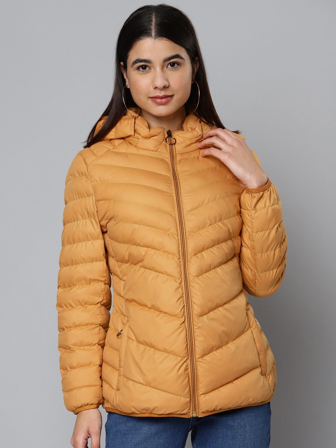 Fort Collins Women Mustard Yellow Hooded Padded Jacket Price in India