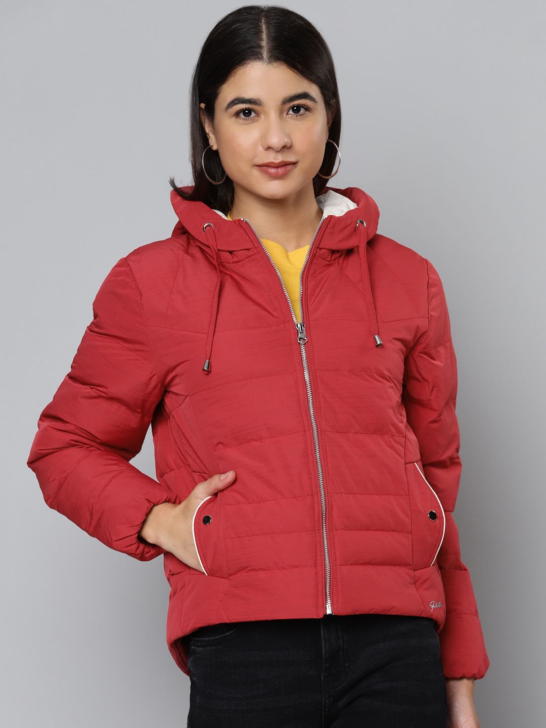 Fort Collins Women Maroon Solid Padded Jacket Price in India