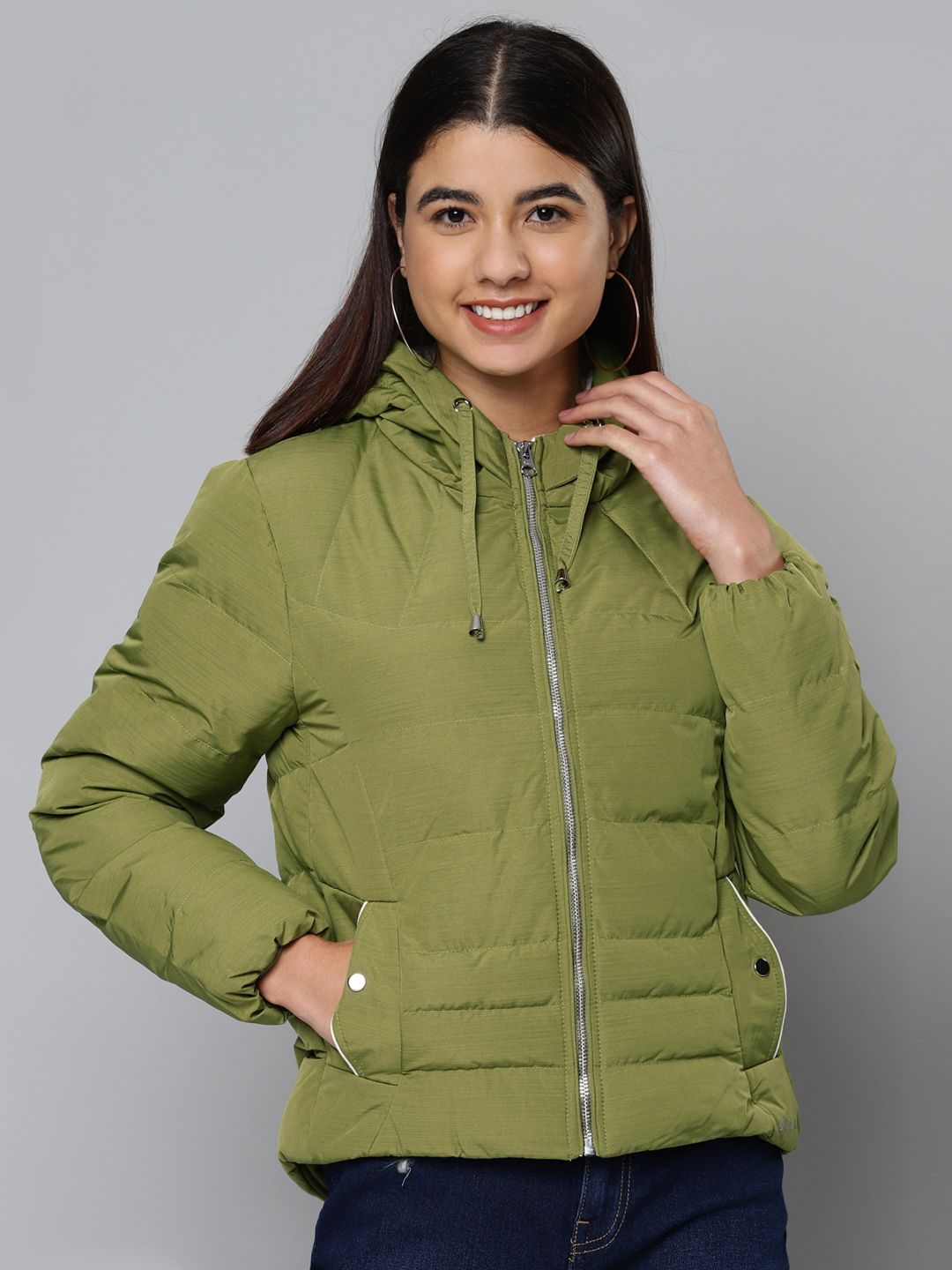 Fort Collins Women Olive Green Hooded Padded Jacket Price in India
