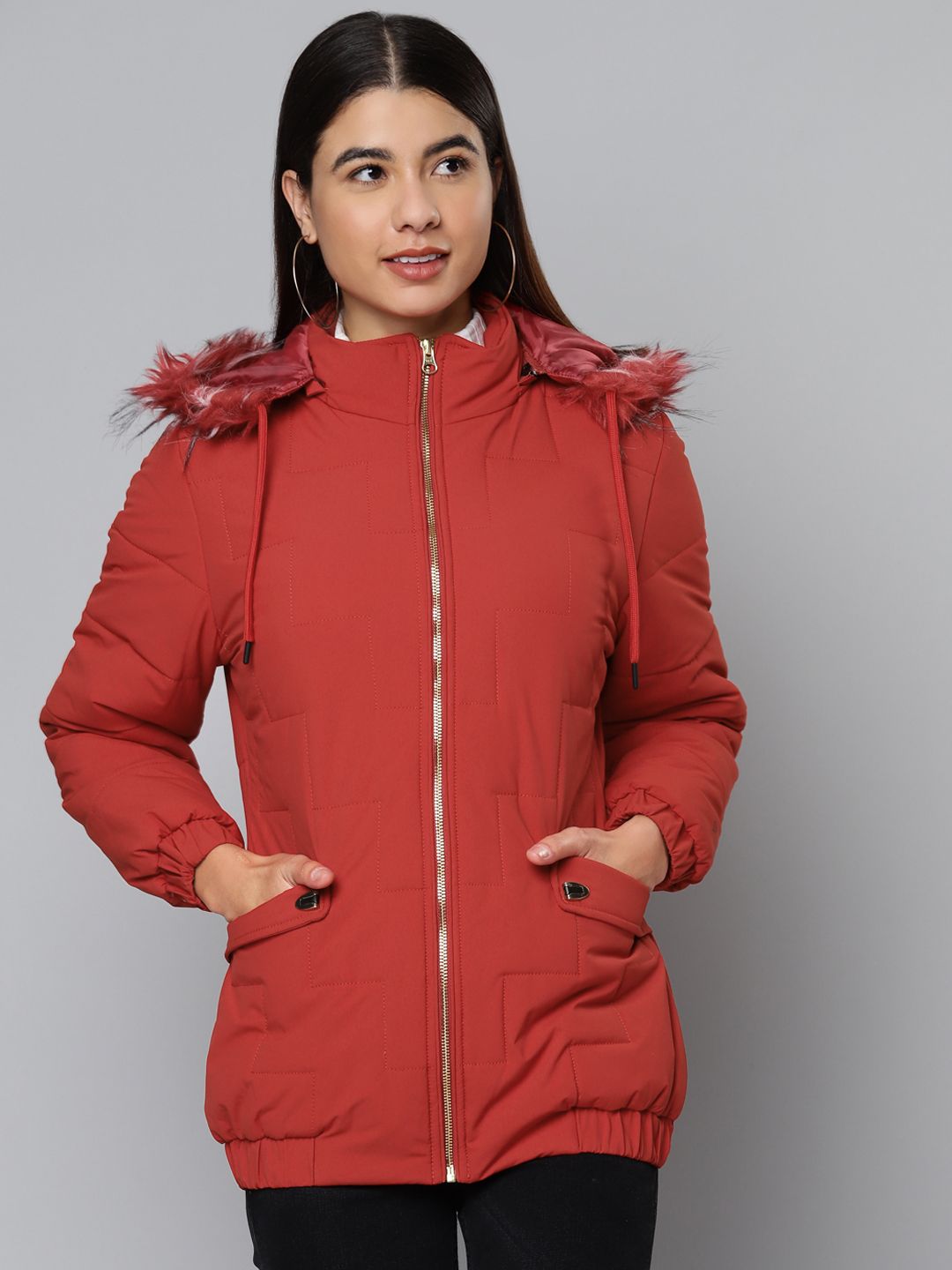 Fort Collins Women Red Solid Parka Jacket with Detachable Hood Price in India