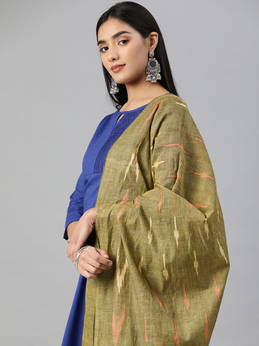 swatika Olive Green Bhagalpuri Handloom Ethnic Motifs Woven Design Pure Cotton Dupatta Price in India