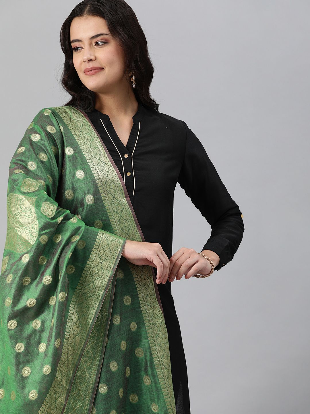 swatika Green & Gold-Toned Ethnic Motifs Woven Design Dupatta with Zari