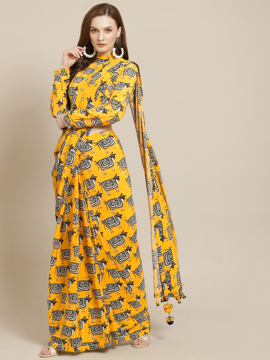 Masaba Yellow & Black Ethnic Motifs Pure Crepe Designer Saree Price in India