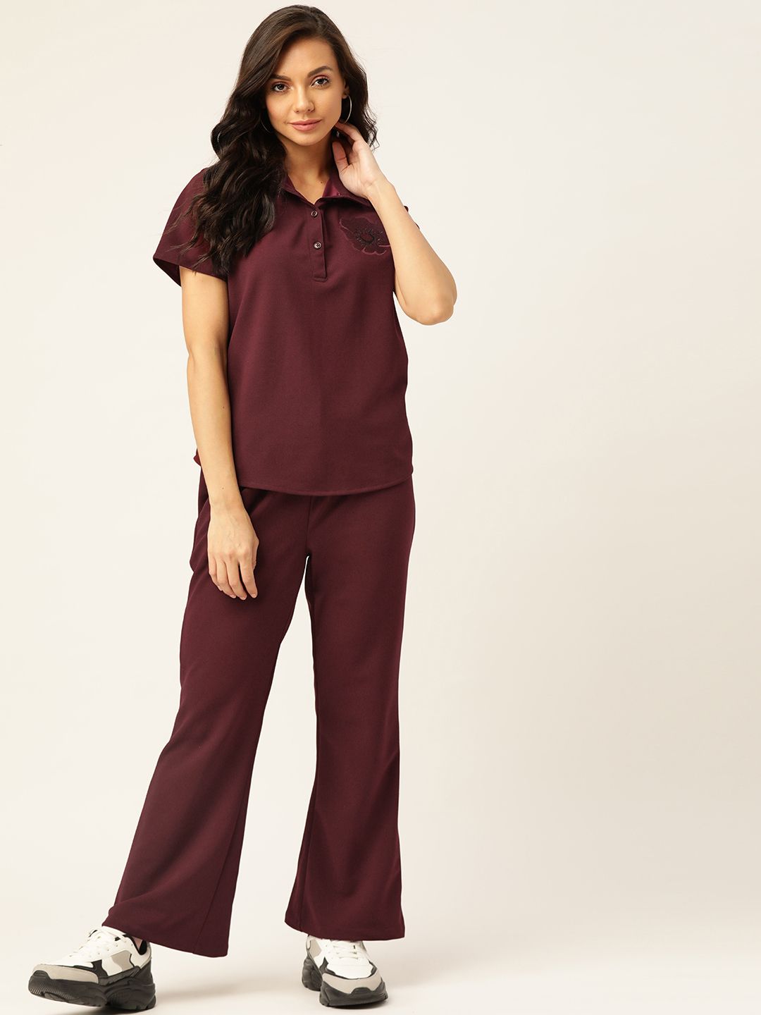 LILL Maroon Solid Top with Trouser Co-ords Set