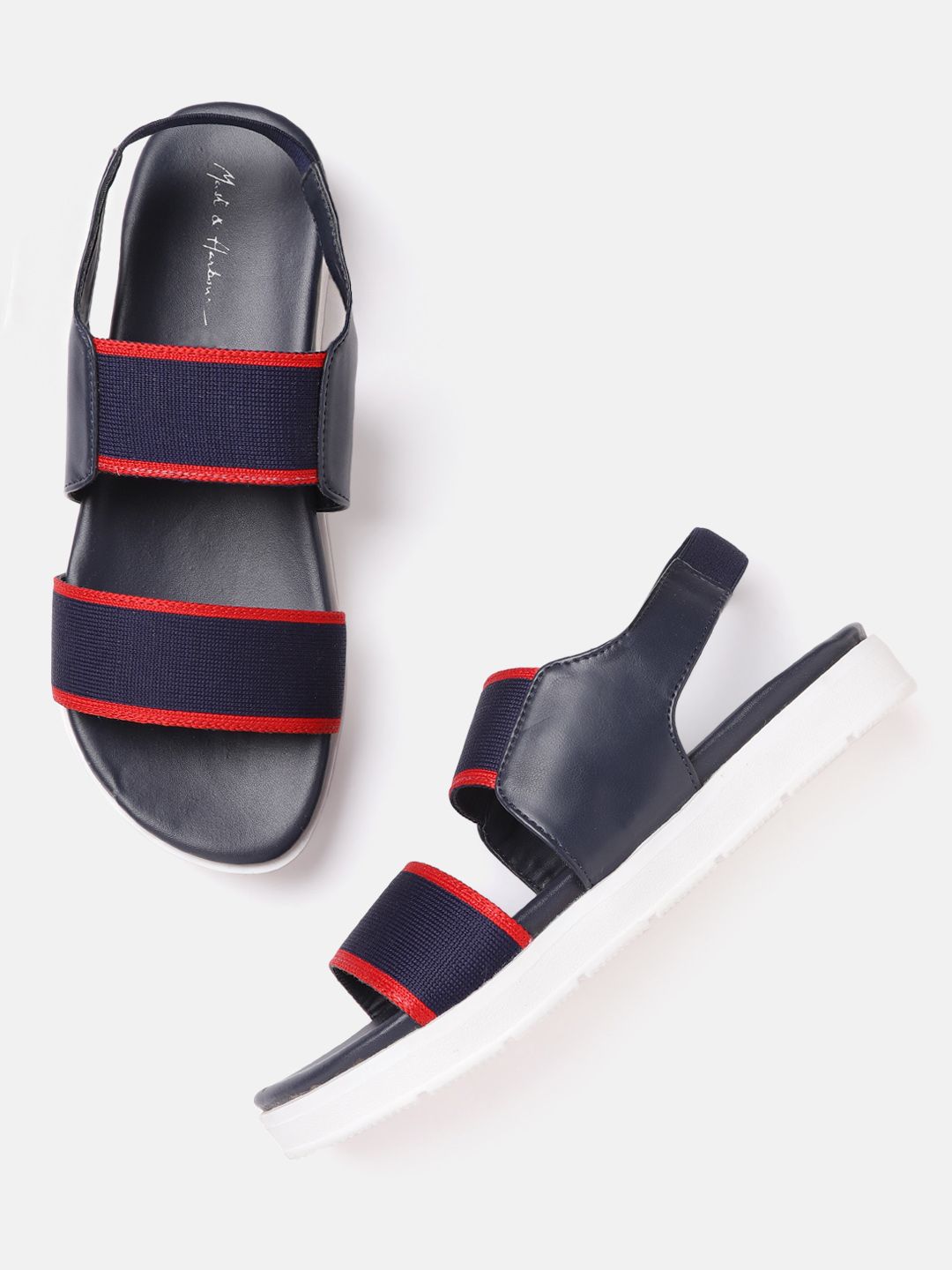Mast & Harbour Women Navy Blue & Red Knitted Open Toe Flats Price in India