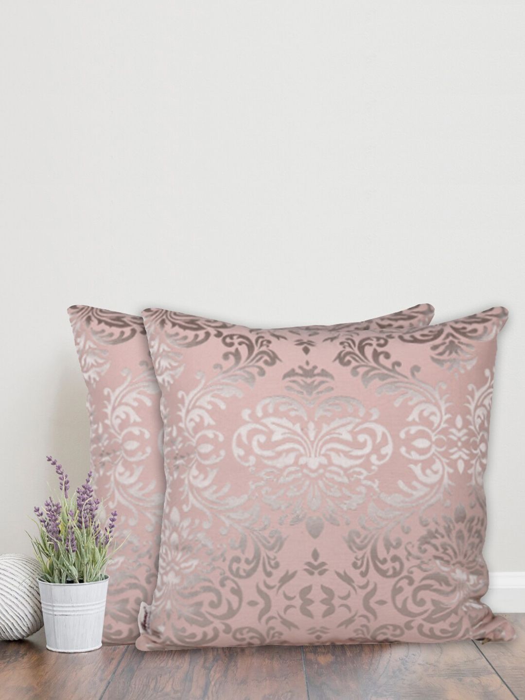 Home Pink & Silver-Toned Set of 2 Ethnic Motifs Square Cushion Covers Price in India