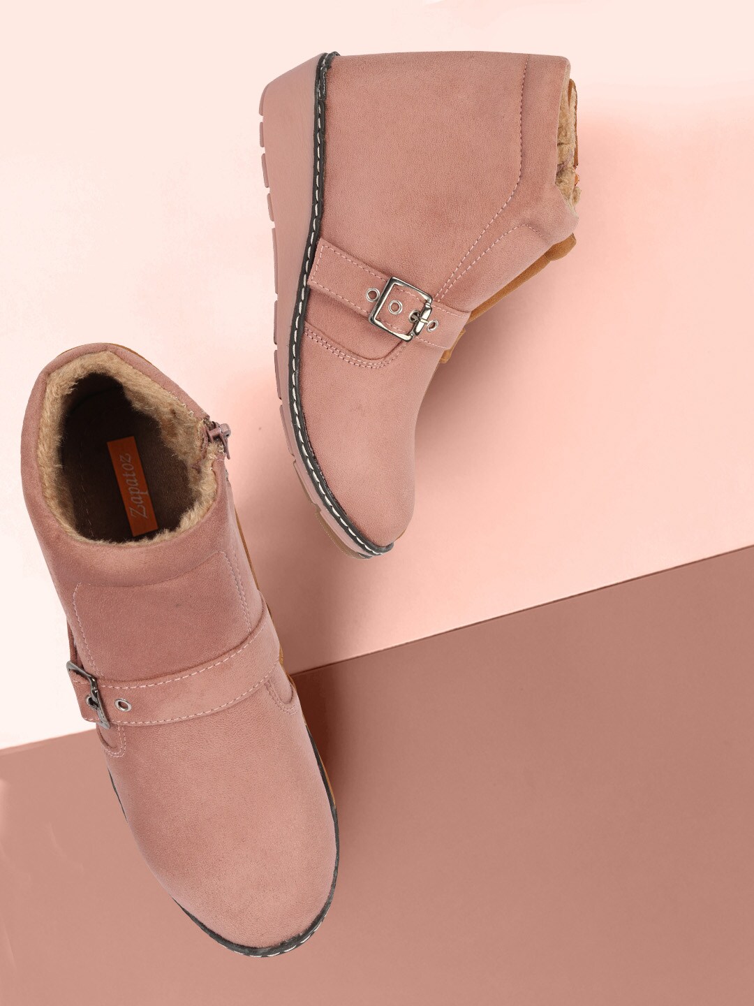 ZAPATOZ Women Pink Suede High-Top Flat Boots Price in India