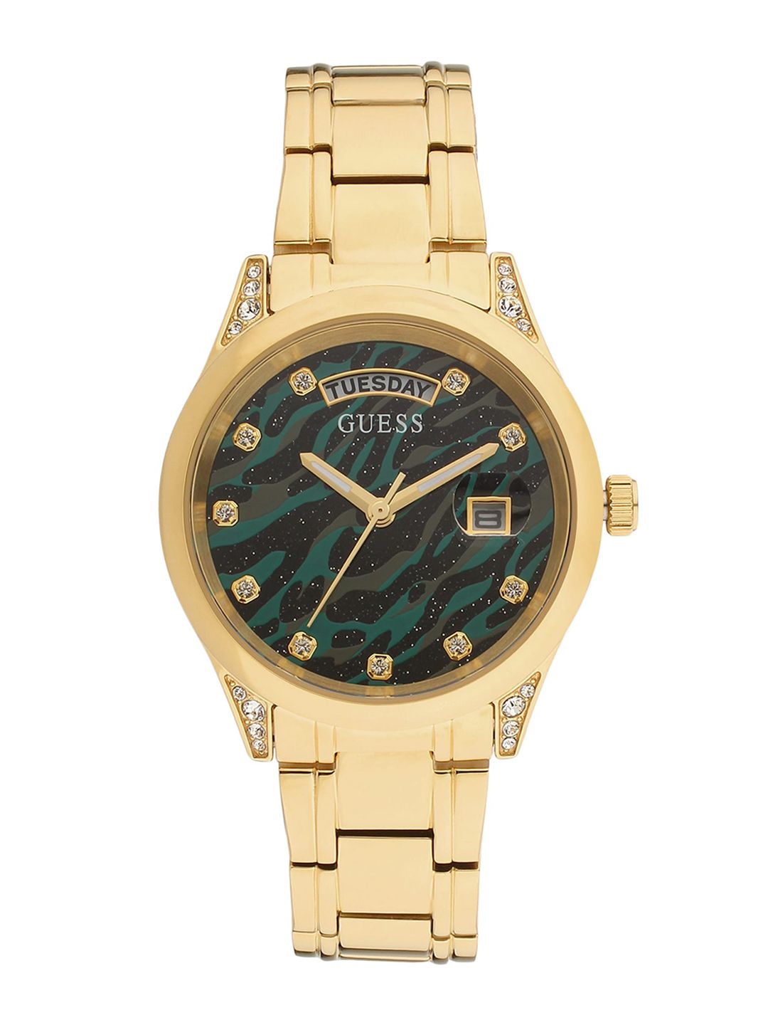 GUESS Women Gold-Toned Printed Dial & Gold Toned Bracelet Style Strap Analogue Watch Price in India