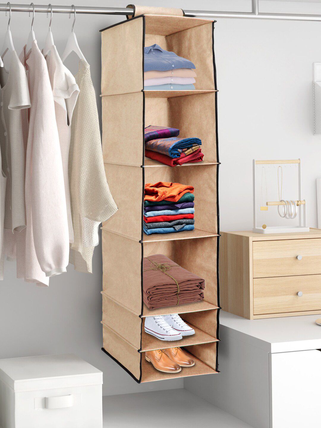 prettykrafts Beige Solid 6 Tiers Clothes Hanging Organizer Price in India