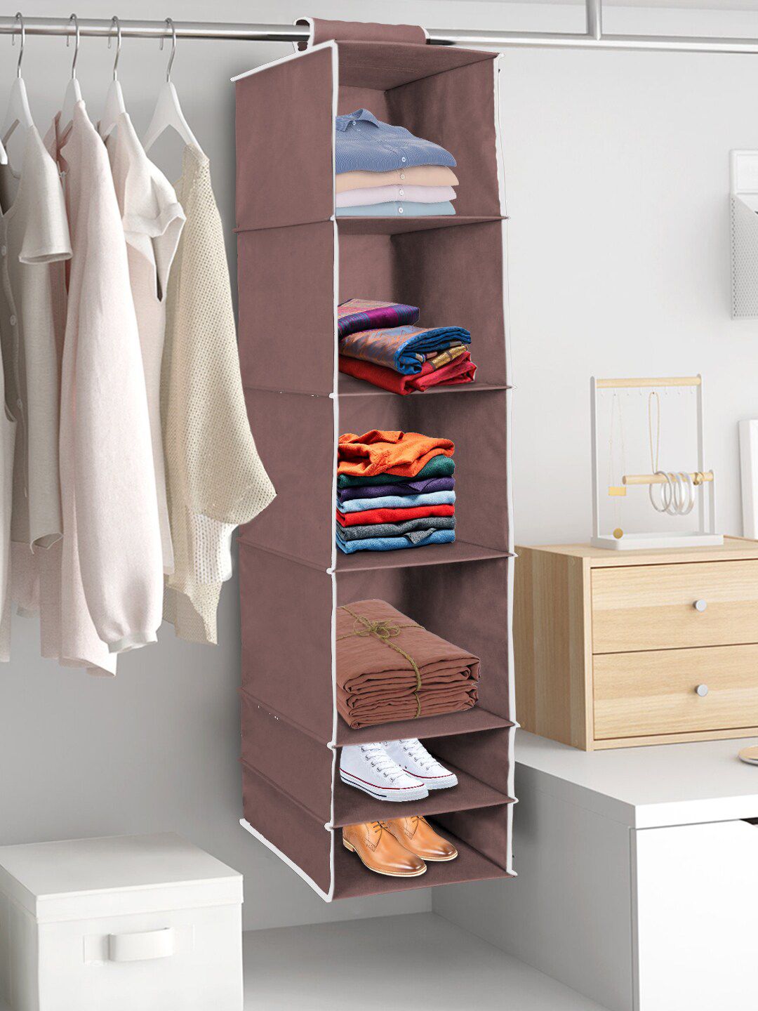 prettykrafts Brown Solid 6 Tiers Clothes Hanging Organizer Price in India