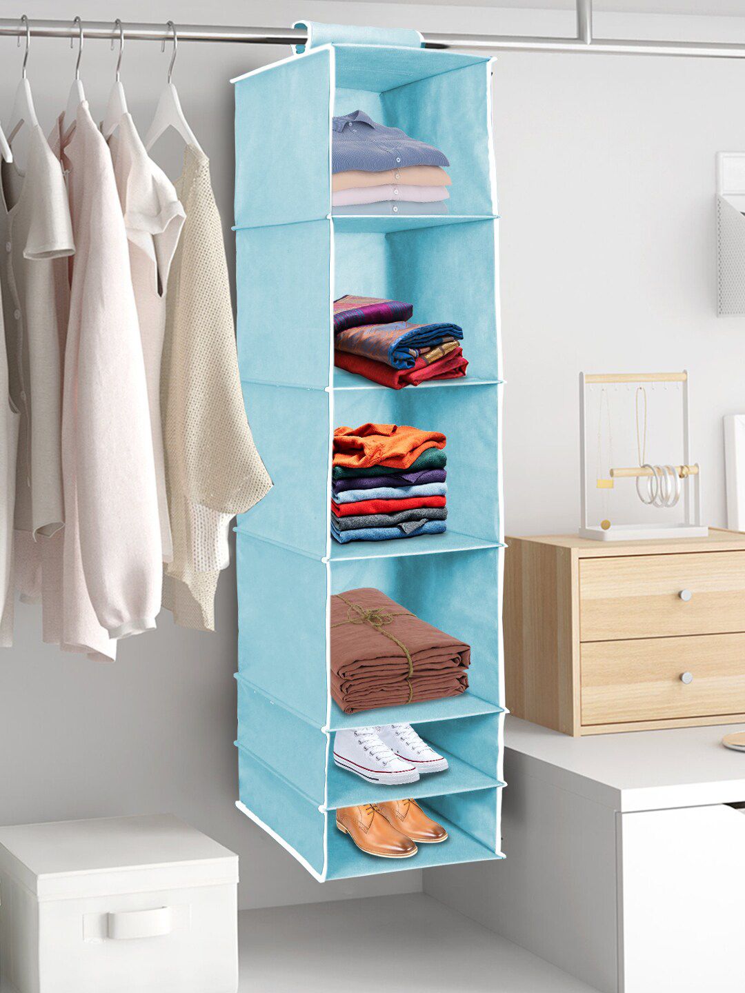 prettykrafts Turquoise Blue & White Solid 6 Tiers Hanging Clothes Organizer Price in India