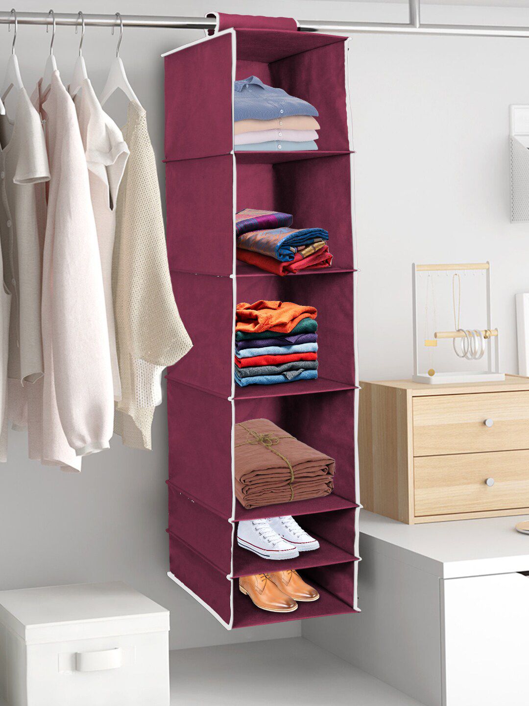 prettykrafts Maroon Solid 6 Tiers Clothes Hanging Organizer Price in India