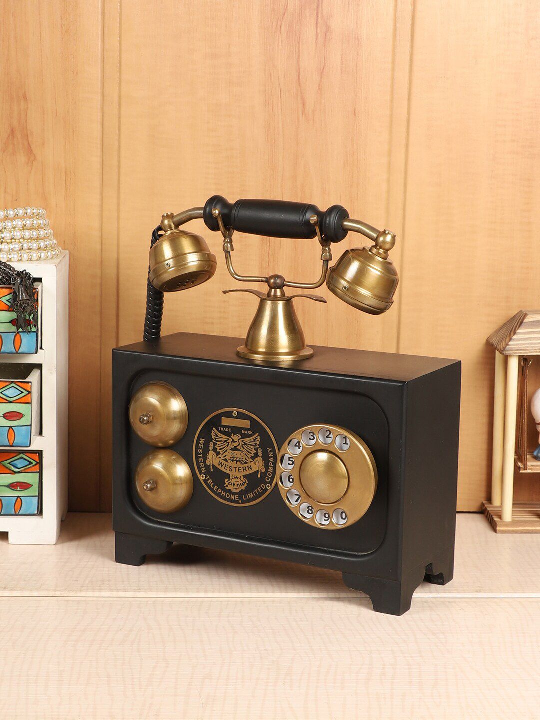 EXIM DECOR Black & Gold-Toned Antique Vintage Style Wooden Telephone Showpiece Price in India