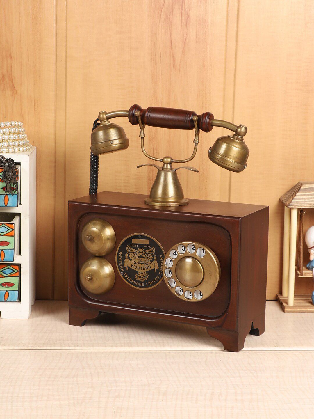 EXIM DECOR Brown & Gold-Toned Antique Vintage Style Wooden Telephone Showpiece Price in India