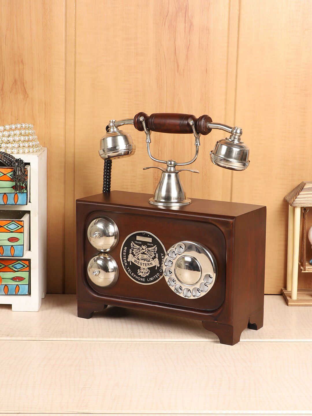 EXIM DECOR Brown & Silver-Toned Vintage Style Telephone Wooden Showpiece Price in India