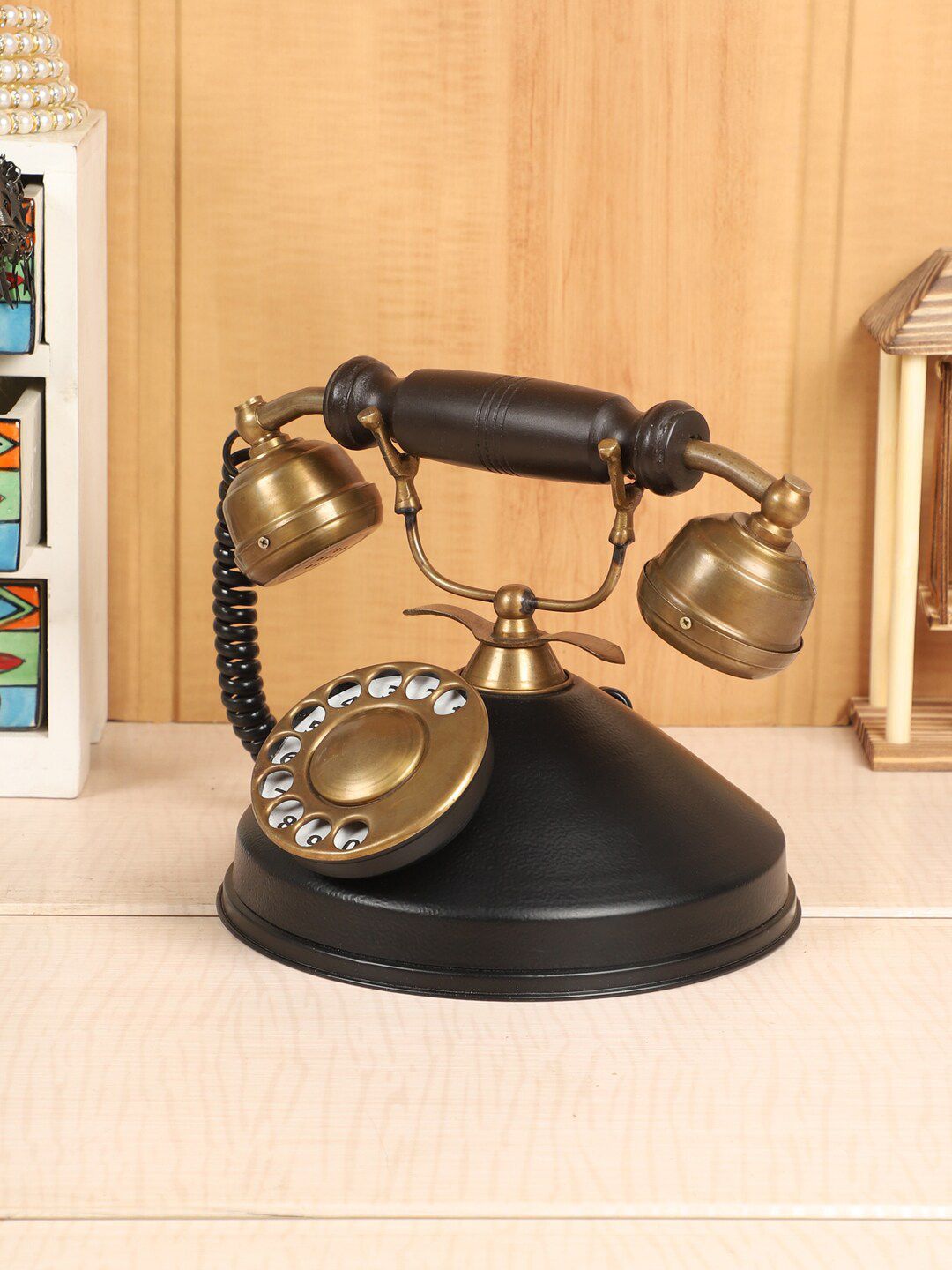 EXIM DECOR Black & Gold-Toned Antique Round Base Dummy Telephone Showpiece Price in India