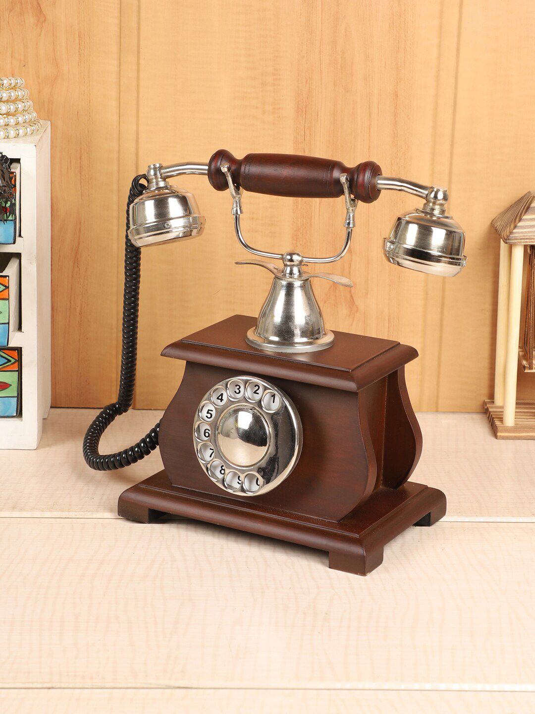 EXIM DECOR Brown & Silver-Toned Wood Vintage Telephone Showpiece Price in India