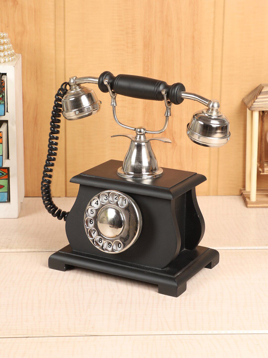 EXIM DECOR Black & Silver-Toned Wooden Vintage Style Telephone Showpiece Price in India